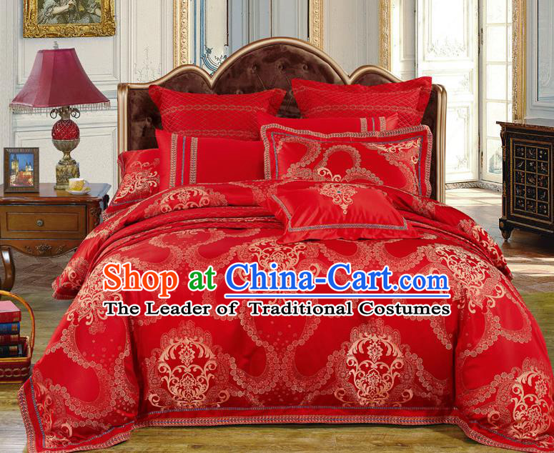 Traditional Asian Chinese Wedding Red Satin Palace Qulit Cover Bedding Sheet Ten-piece Duvet Cover Textile Complete Set