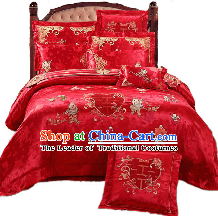 Traditional Chinese Wedding Red Embroidered Hundred Children Ten-piece Bedclothes Duvet Cover Textile Qulit Cover Bedding Sheet Complete Set