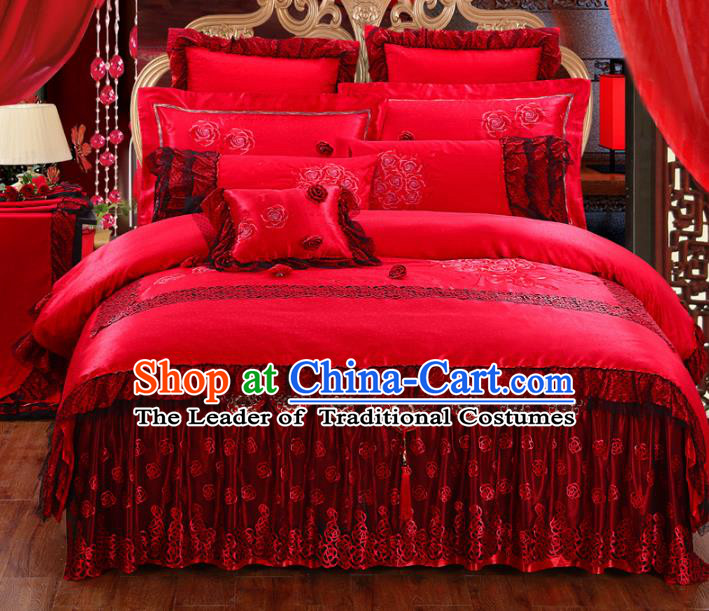 Traditional Chinese Wedding Red Embroidered Rose Ten-piece Bedclothes Duvet Cover Textile Qulit Cover Bedding Sheet Complete Set