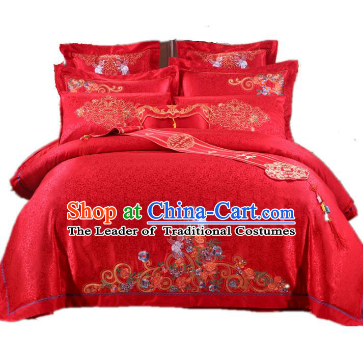 Traditional Chinese Wedding Red Embroidered Ten-piece Bedclothes Duvet Cover Textile Qulit Cover Bedding Sheet Complete Set