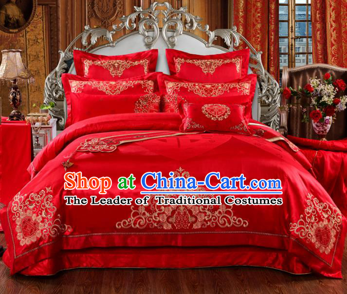 Traditional Chinese Wedding Red Satin Embroidered Flowers Ten-piece Bedclothes Duvet Cover Textile Qulit Cover Bedding Sheet Complete Set