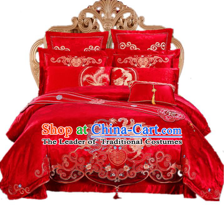 Traditional Chinese Wedding Red Satin Embroidered Dragon Phoenix Ten-piece Bedclothes Duvet Cover Textile Qulit Cover Bedding Sheet Complete Set