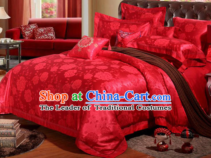 Traditional Chinese Wedding Red Satin Embroidered Peony Four-piece Bedclothes Duvet Cover Textile Qulit Cover Bedding Sheet Complete Set