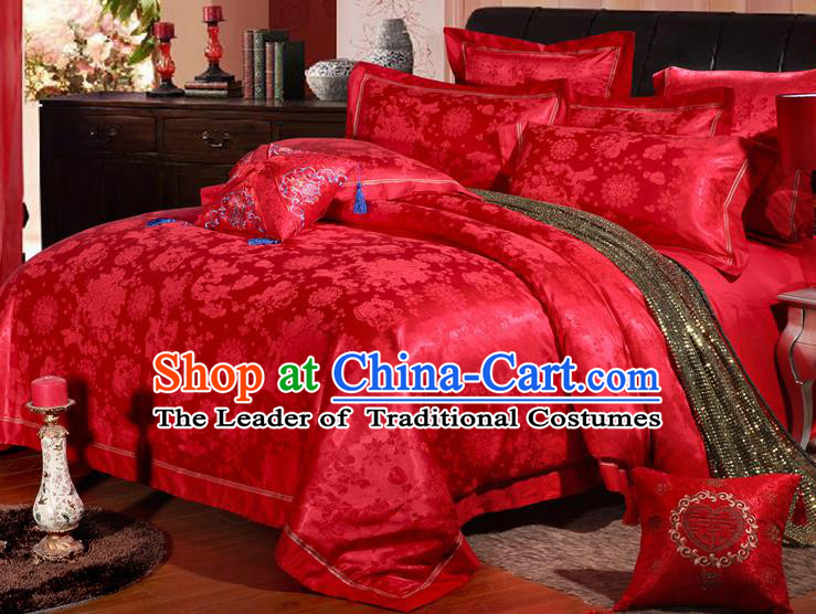 Traditional Chinese Wedding Red Satin Embroidered Peony Four-piece Bedclothes Duvet Cover Textile Qulit Cover Bedding Sheet Complete Set