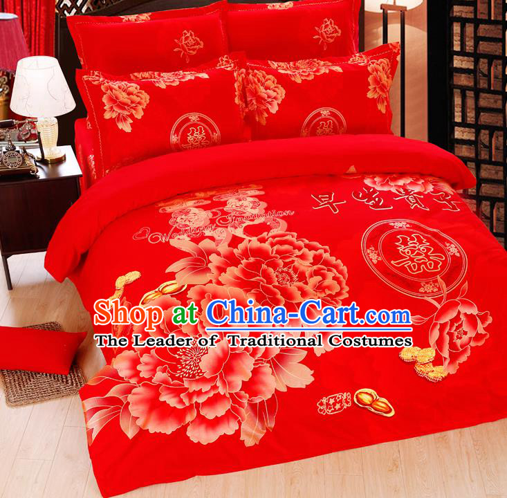 Traditional Chinese Wedding Red Printing Peony Four-piece Bedclothes Duvet Cover Textile Qulit Cover Bedding Sheet Complete Set