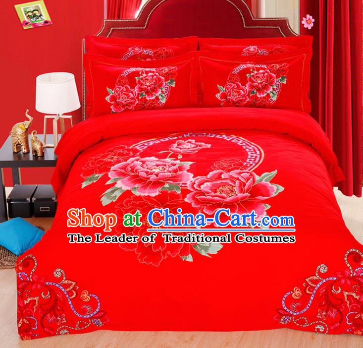 Traditional Chinese Wedding Red Printing Peony Four-piece Bedclothes Duvet Cover Textile Qulit Cover Bedding Sheet Complete Set