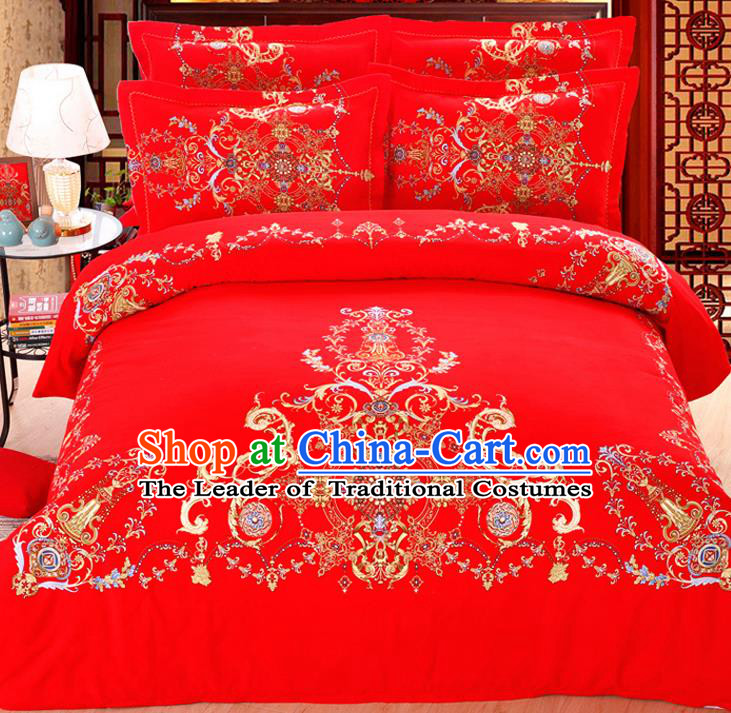 Traditional Chinese Wedding Red Printing Four-piece Bedclothes Duvet Cover Textile Qulit Cover Bedding Sheet Complete Set