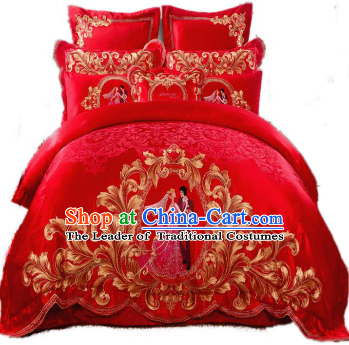 Traditional Chinese Wedding Red Satin Embroidered Ten-piece Bedclothes Duvet Cover Textile Qulit Cover Bedding Sheet Complete Set