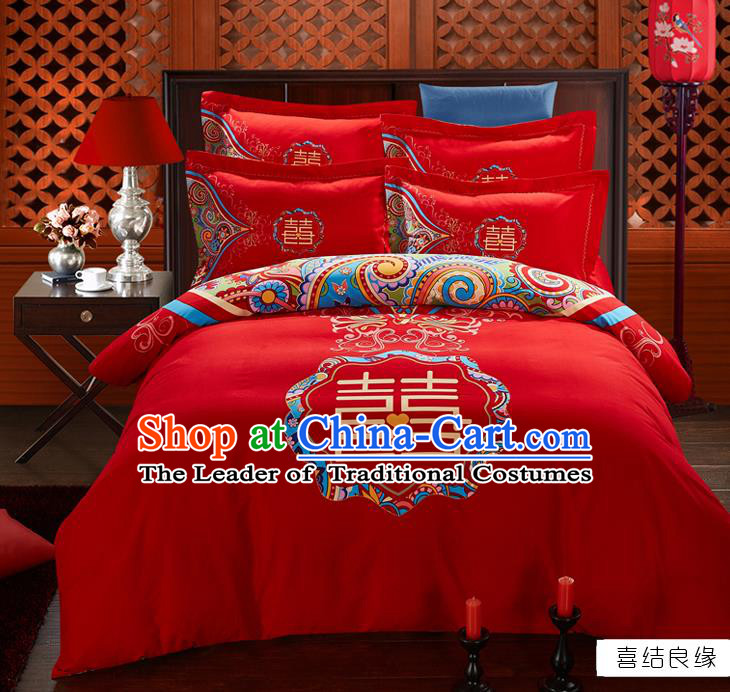 Traditional Chinese Wedding Printing Xi Character Red Four-piece Bedclothes Duvet Cover Textile Qulit Cover Bedding Sheet Complete Set