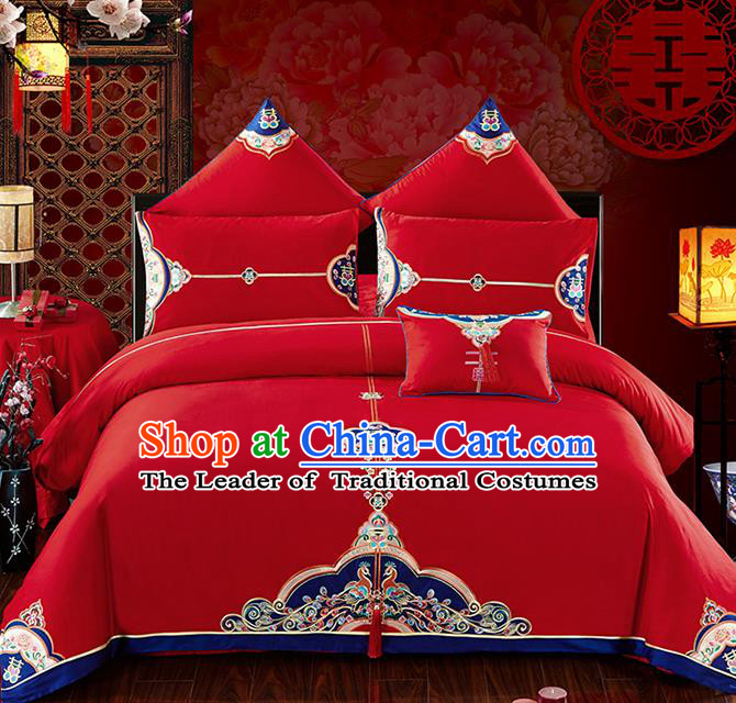 Traditional Chinese Wedding Embroidered Red Seven-piece Bedclothes Duvet Cover Textile Qulit Cover Bedding Sheet Complete Set