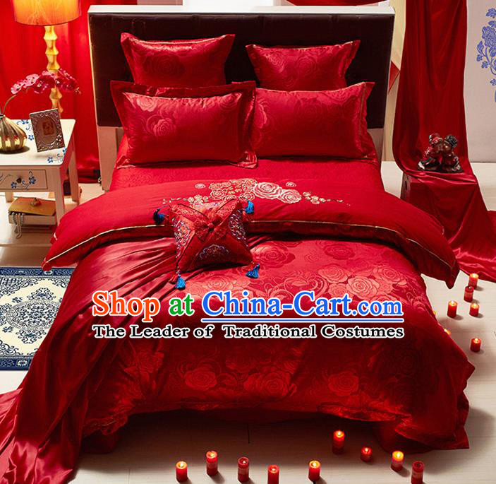 Traditional Chinese Wedding Embroidered Red Satin Six-piece Bedclothes Duvet Cover Textile Qulit Cover Bedding Sheet Complete Set