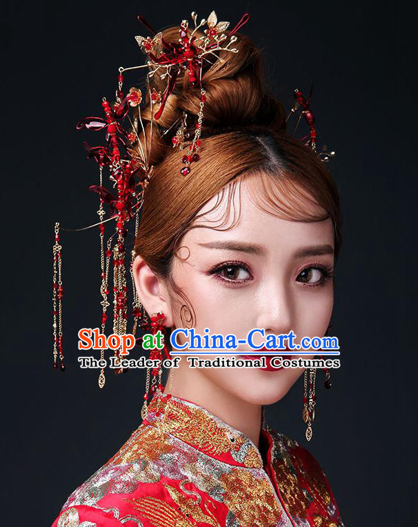 Chinese Traditional Bride Hair Jewelry Accessories Palace Xiuhe Suit Red Dragonfly Phoenix Coronet Wedding Tassel Headwear for Women