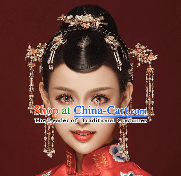 Chinese Traditional Bride Hair Jewelry Accessories Palace Xiuhe Suit Phoenix Coronet Wedding Tassel Headwear for Women