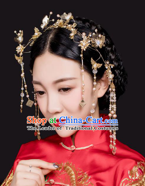 Chinese Traditional Bride Hair Jewelry Accessories Xiuhe Suit Hairpins Headwear Wedding Tassel Hair Clasp for Women