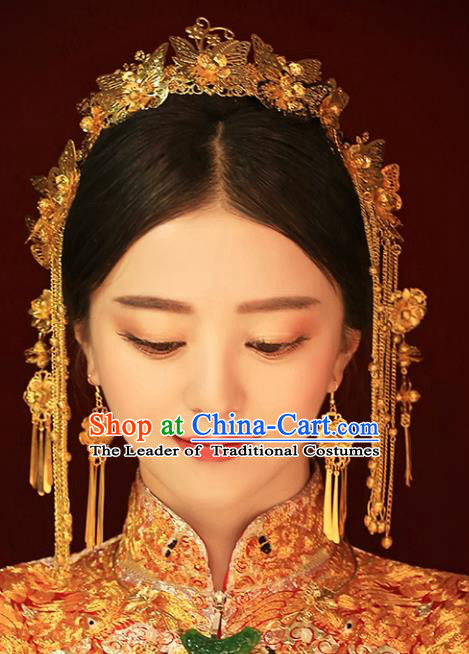 Chinese Traditional Bride Hair Jewelry Accessories Xiuhe Suit Golden Phoenix Coronet Wedding Tassel Headwear for Women