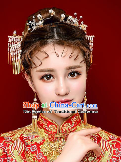 Chinese Traditional Bride Hair Jewelry Accessories Palace Xiuhe Suit Tassel Hairpins Wedding Step Shake for Women