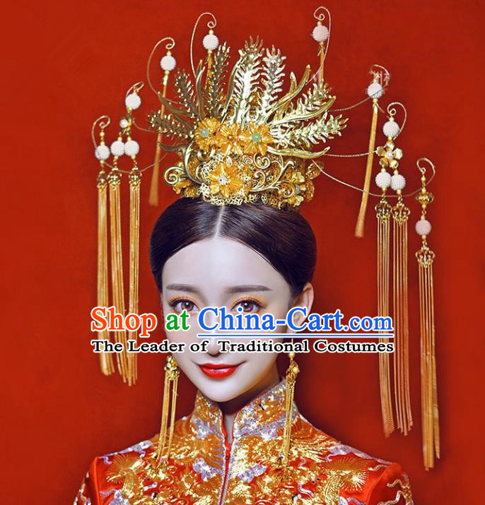 Chinese Traditional Bride Hair Jewelry Accessories Palace Xiuhe Suit Large Phoenix Coronet Wedding Hairpins for Women