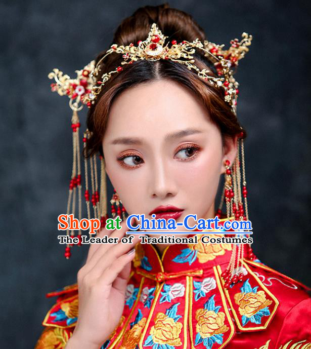Chinese Traditional Bride Hair Accessories Palace Queen Xiuhe Suit Red Beads Tassel Phoenix Coronet Wedding Hairpins for Women