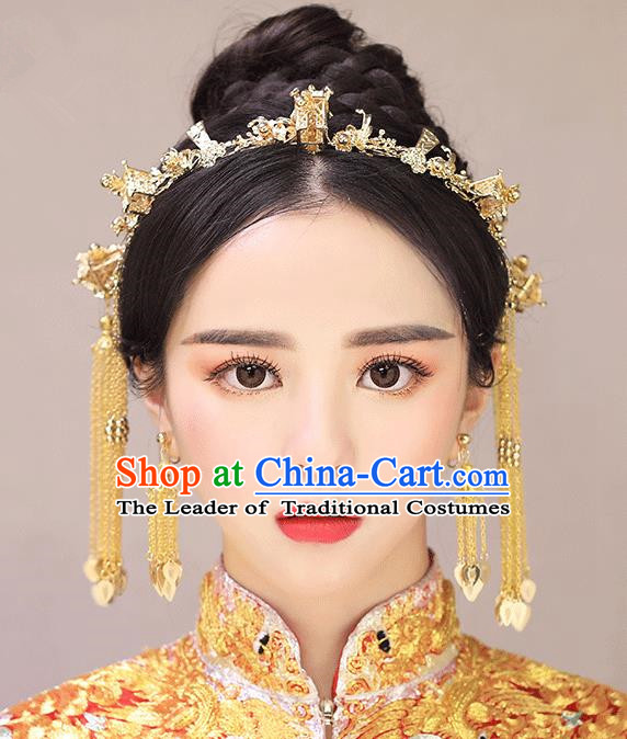 Chinese Traditional Bride Hair Accessories Palace Queen Xiuhe Suit Golden Tassel Phoenix Coronet Wedding Hairpins for Women