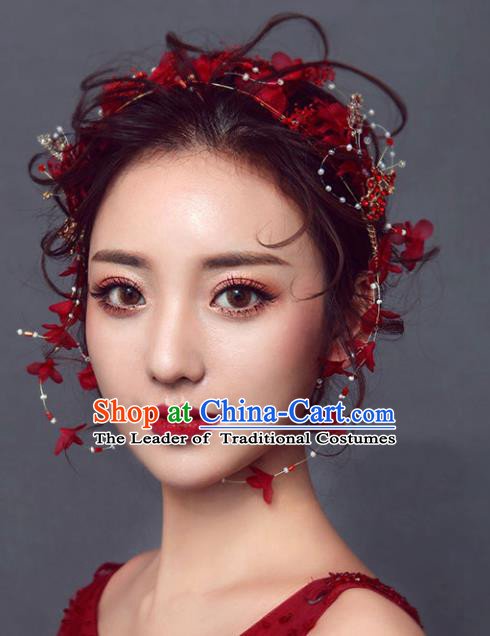 Chinese Traditional Bride Hair Accessories Wedding Red Flowers Hair Clasp for Women