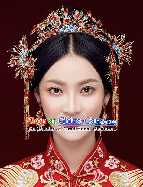 Chinese Traditional Bride Hair Accessories Xiuhe Suit Blueing Lotus Phoenix Coronet Wedding Hairpins Complete Set for Women