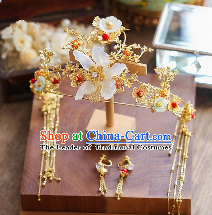 Chinese Traditional Bride Hair Accessories Xiuhe Suit White Shell Flowers Phoenix Coronet Wedding Hairpins Complete Set for Women