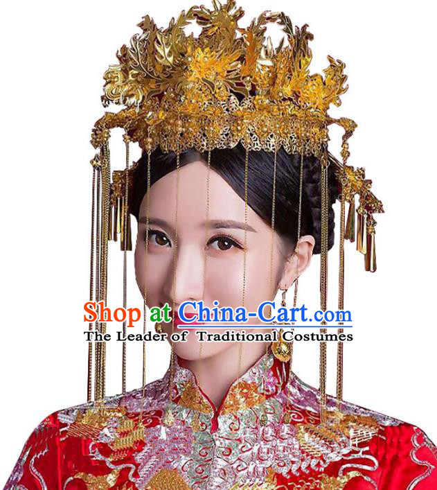 Chinese Traditional Bride Hair Accessories Headwear Xiuhe Suit Palace Golden Phoenix Coronet Wedding Hairpins for Women