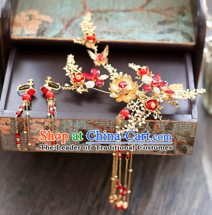 Chinese Traditional Bride Hair Accessories Xiuhe Suit Step Shake Wedding Hairpins and Earrings for Women