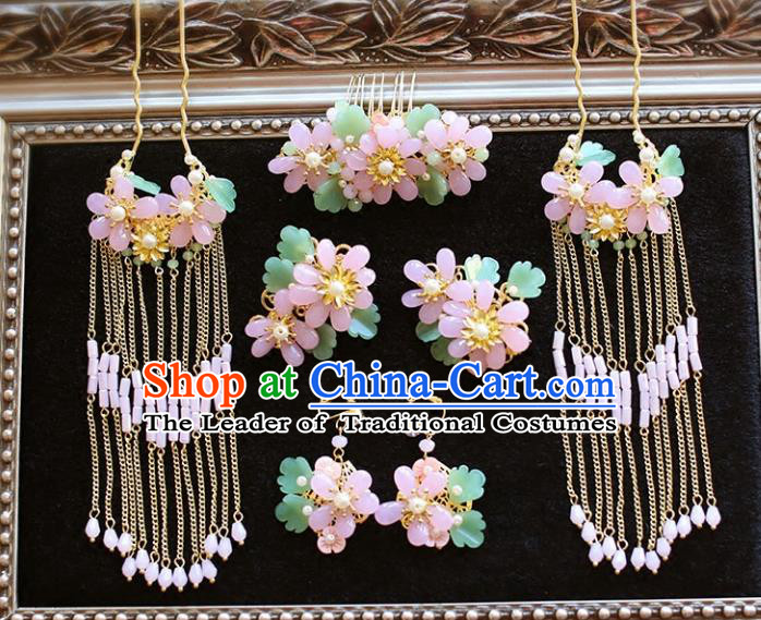 Chinese Traditional Bride Hair Accessories Xiuhe Suit Tassel Step Shake Wedding Pink Flowers Hairpins Complete Set for Women