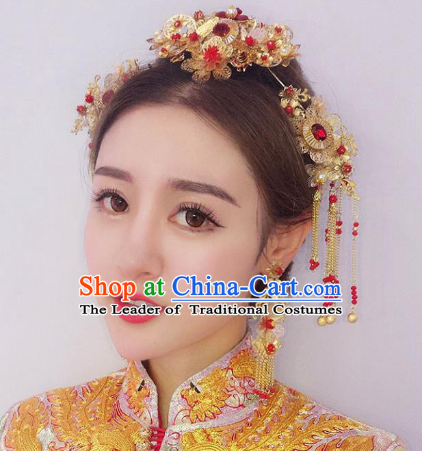 Chinese Traditional Bride Hair Accessories Xiuhe Suit Phoenix Coronet Wedding Red Tassel Hairpins for Women