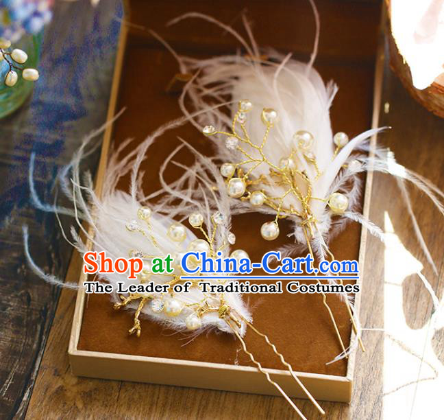 Chinese Traditional Bride Hair Accessories Baroque Princess Wedding White Feather Pearls Hairpins Hair Stick for Women
