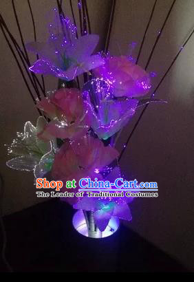 Chinese Traditional Electric LED Purple Greenish Lily Flowers Lantern Desk Lamp Home Decoration Lights