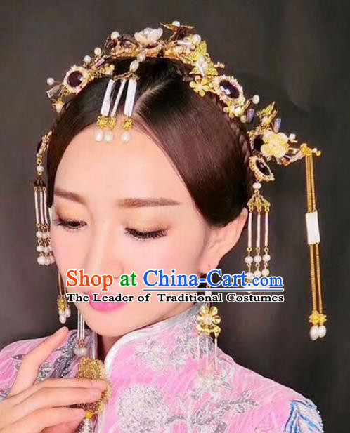 Chinese Traditional Bride Hair Accessories Xiuhe Suit Tassel Phoenix Coronet Wedding Step Shake Hairpins for Women