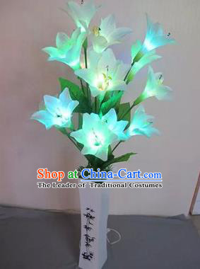 Chinese Traditional Electric LED Lantern Desk Lamp Home Decoration Blue Greenish Lily Flowers Lights