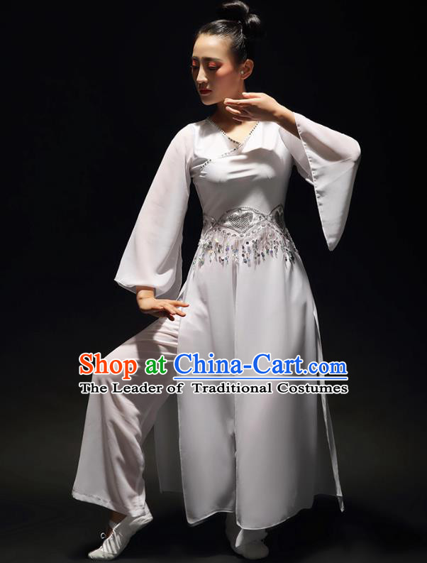 Traditional Chinese Classical Dance Costume, China Yangko Dance Fan Dance Hanfu White Clothing for Women