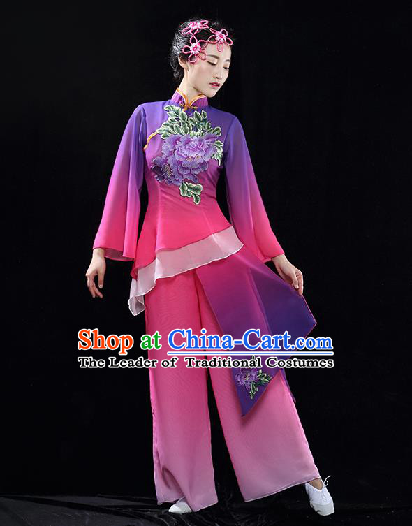 Traditional Chinese Classical Dance Fan Dance Costume, China Yangko Dance Purple Clothing for Women