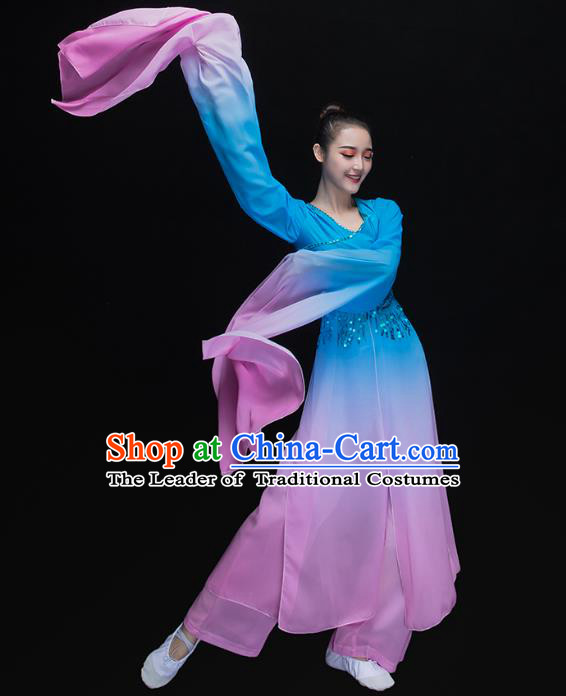 Traditional Chinese Classical Dance Fan Dance Costume, China Yangko Dance Water Sleeve Blue Clothing for Women