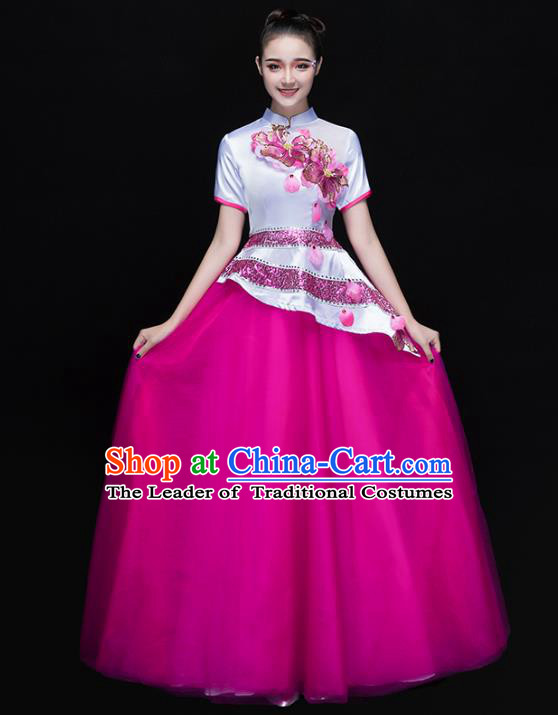 Traditional Chinese Modern Dance Costume, Opening Dance Chorus Singing Group Rosy Dress for Women