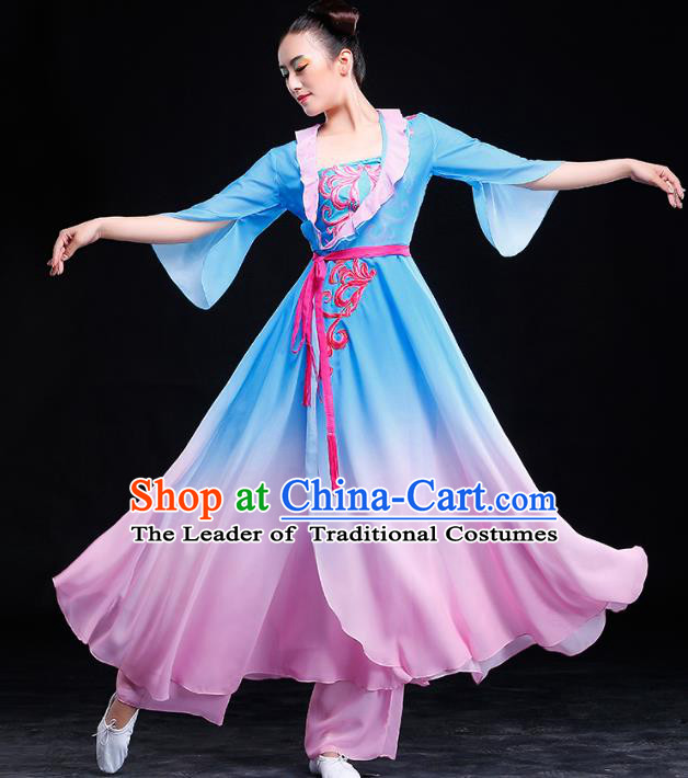 Traditional Chinese Classical Yangge Dance Embroidered Costume, China Yangko Dance Blue Dress Clothing for Women