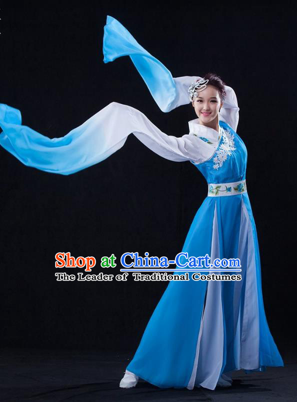 Traditional Chinese Classical Umbrella Dance Water Sleeve Costume, China Yangko Dance Blue Clothing for Women