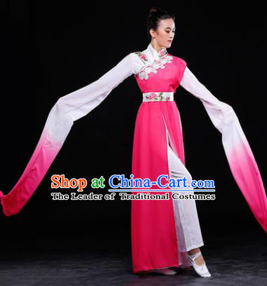 Traditional Chinese Classical Umbrella Dance Water Sleeve Costume, China Yangko Dance Pink Clothing for Women