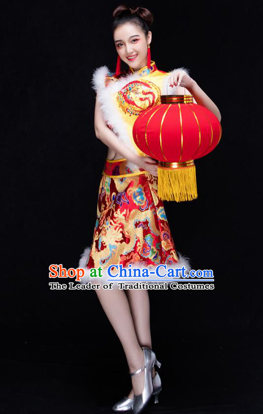 Traditional Chinese Classical Drum Dance Embroidered Costume, China Folk Dance Yangko Clothing for Women