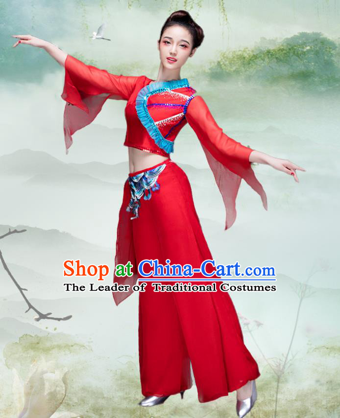 Traditional Chinese Classical Dance Fan Dance Costume, China Yangko Dance Red Clothing for Women