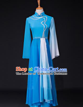 Traditional Chinese Classical Lotus Dance Costume, China Yangko Dance Blue Clothing for Women