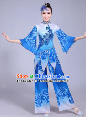 Traditional Chinese Classical Umbrella Dance Costume, China Yangko Folk Dance Blue Clothing for Women