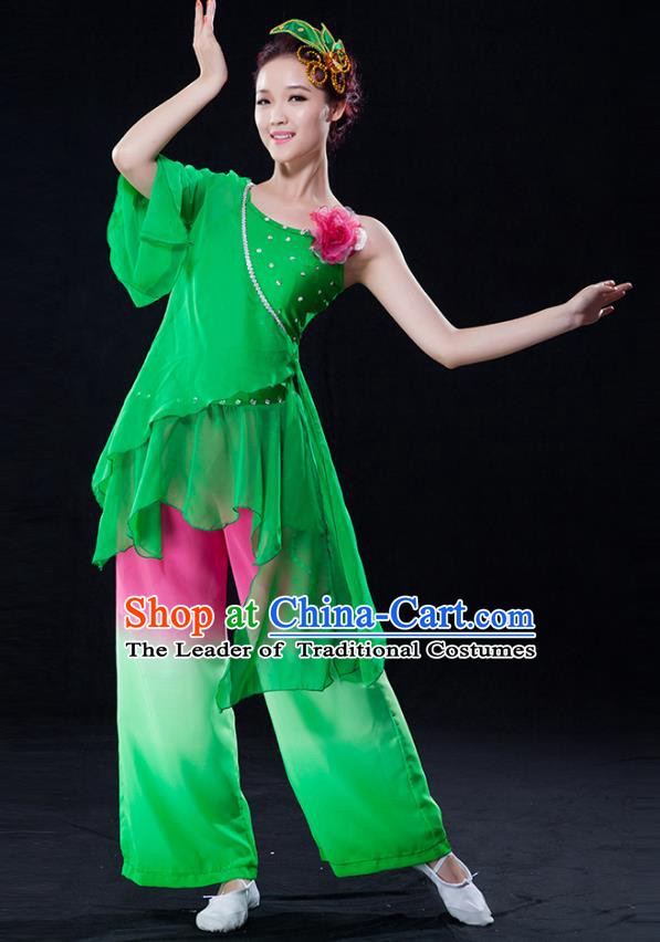 Traditional Chinese Classical Yangge Fan Dance Green Costume, China Yangko Folk Dance Clothing for Women