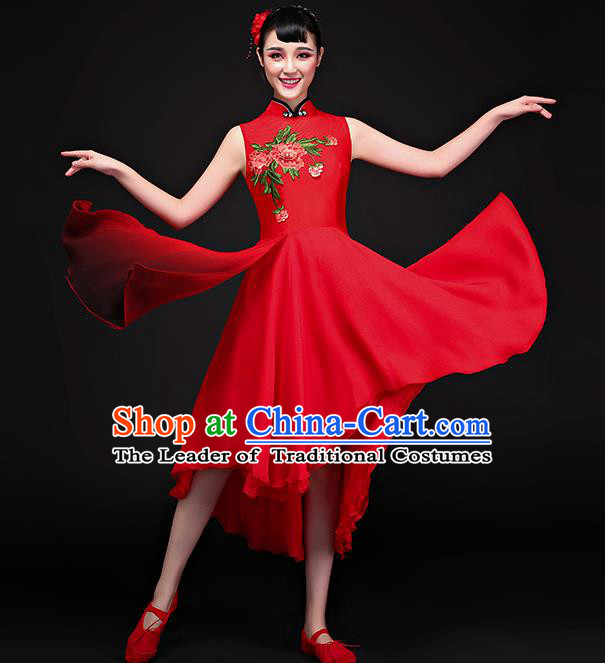 Traditional Chinese Classical Fan Dance Embroidered Red Cheongsam Dress, China Yangko Folk Dance Clothing for Women