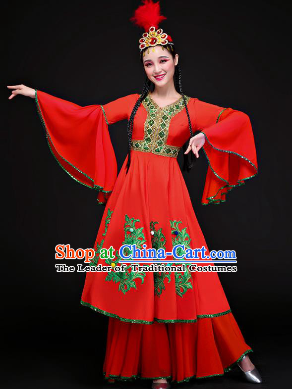Traditional Chinese Uyghur Nationality Dance Costume, Chinese Uigurian Minority Dance Red Dress Clothing for Women