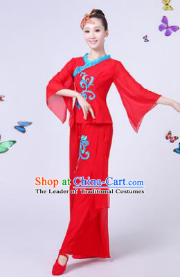 Traditional Chinese Classical Umbrella Dance Costume, China Yangko Folk Fan Dance Red Clothing for Women