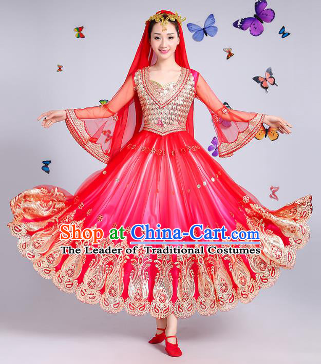 Traditional Chinese Uyghur Nationality Dance Costume, Chinese Uigurian Minority Dance Rosy Dress Clothing for Women